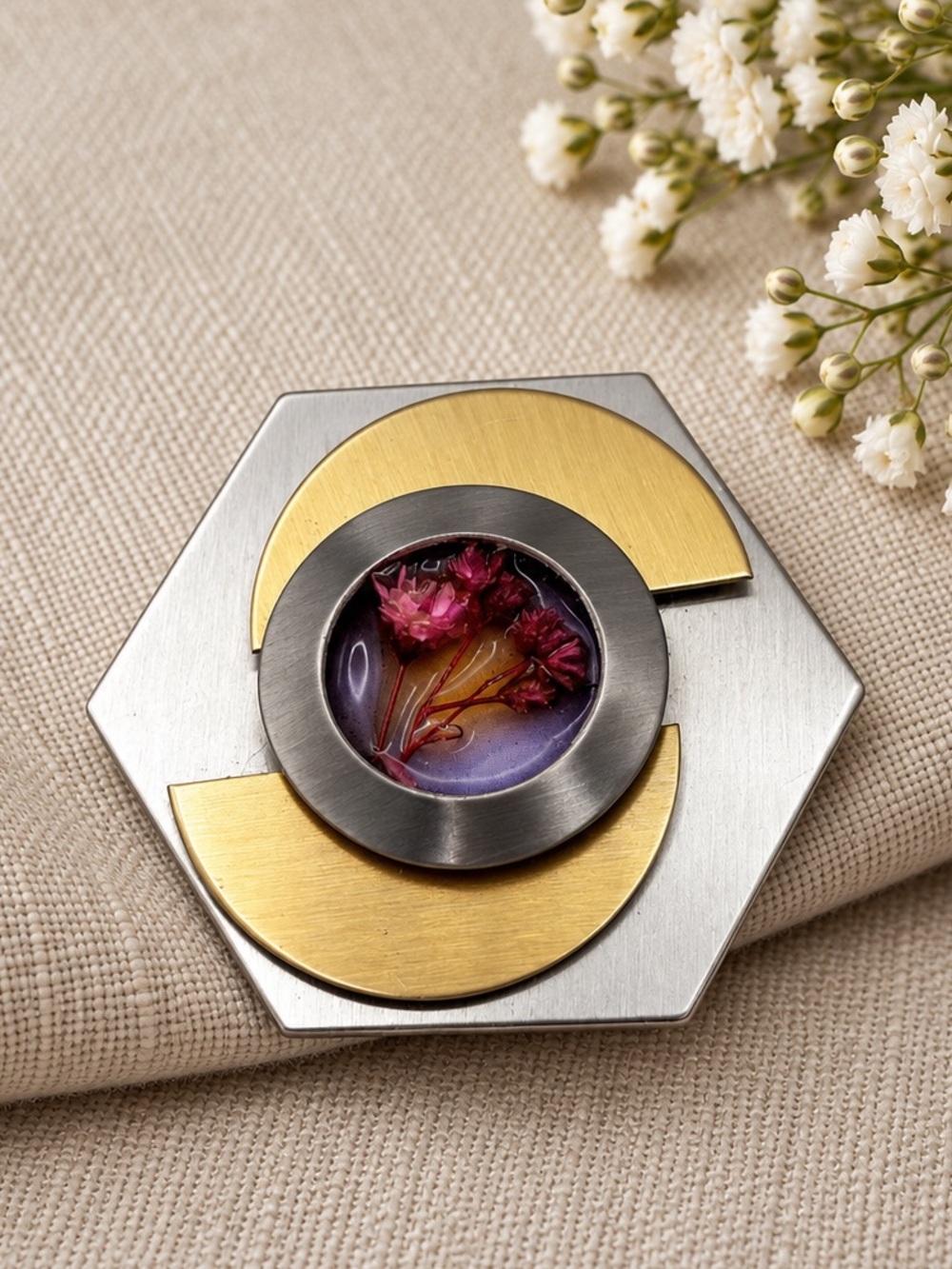 Vintage Brutalist Geometric Hexagon Brooch • Real Dried Floral Resin Cabochon